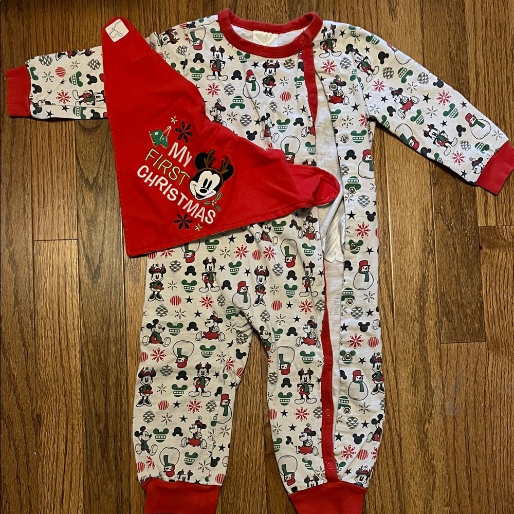 Disney Christmas Baby Footie with Bib - Red, White, and Green